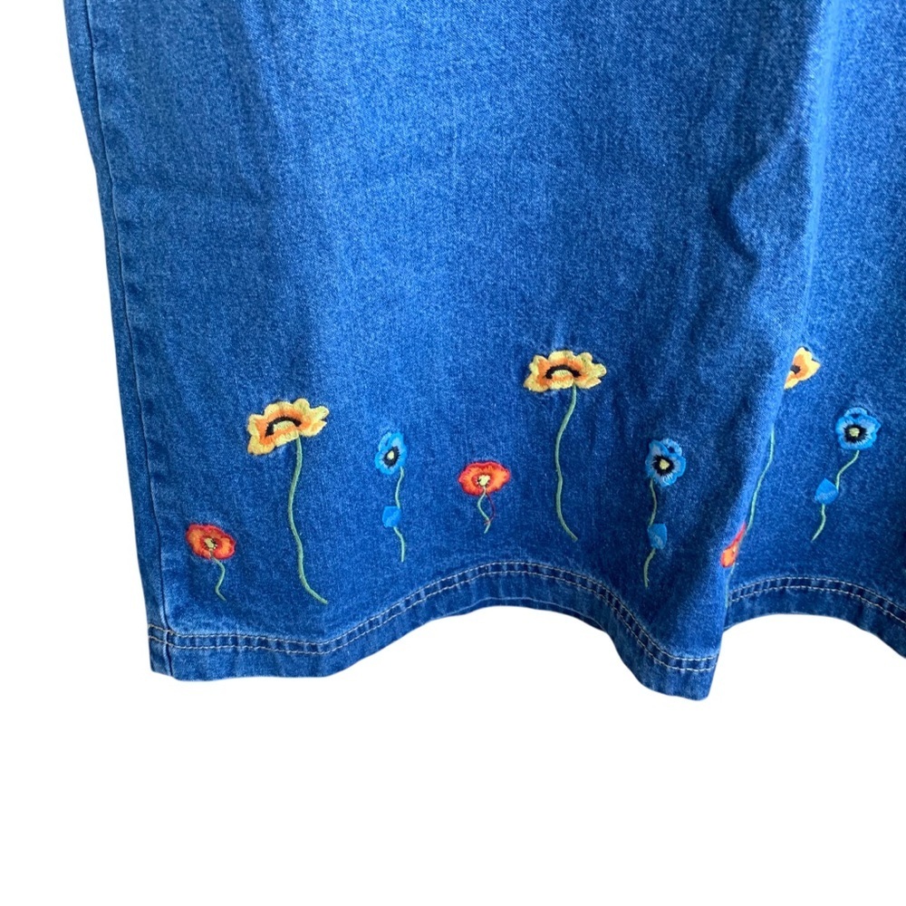 Vintage Denim Embroidered Flowers Dress True Blue Size Large 90s Teacher - Picture 3 of 9